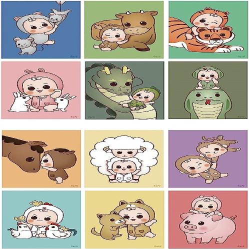 Wooaz 12 Chinese Zodiac Animal Character Wall Posters (12 Animals Poster / 1 SET) - Frame not includ